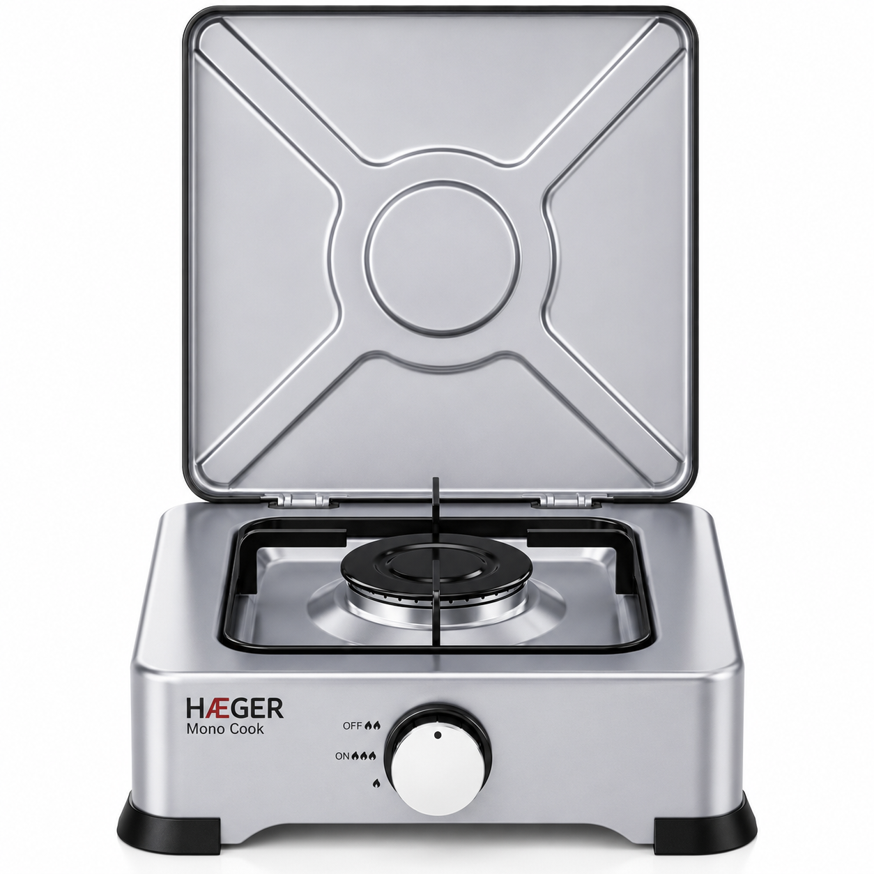 HAEGER Mono Cook single-burner portable gas stove β gray enameled with lid open