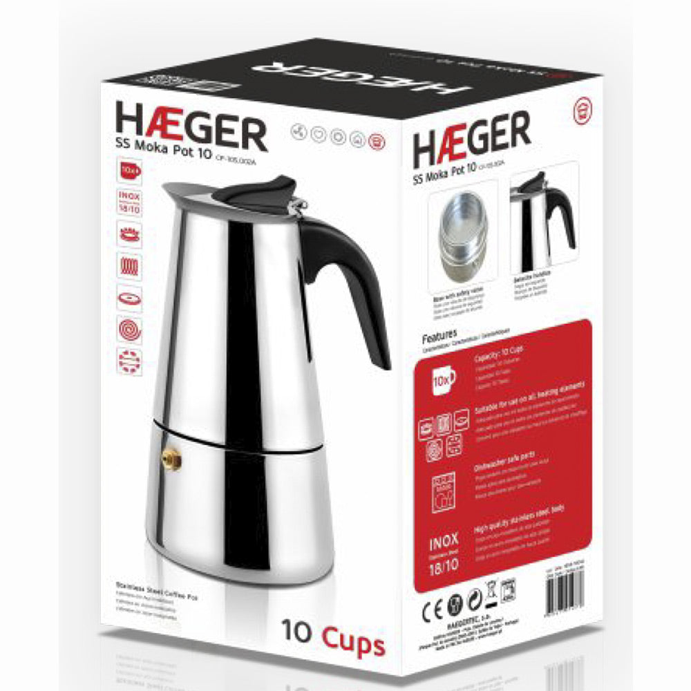 Moka Coffee Maker HAEGER SS MOKA POT 10 β Stainles Steel, 10 cups