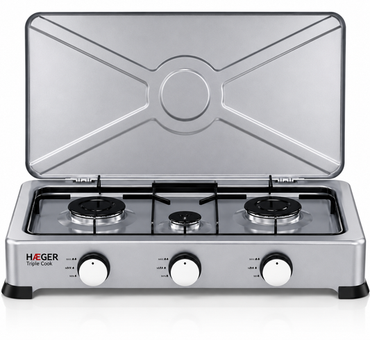 HAEGER Triple Cook 3-burner portable gas table cooker – gray enameled with lid open