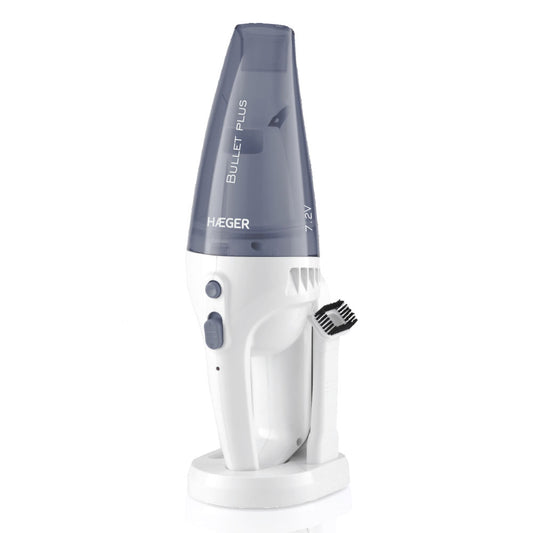 HAEGER Bullet Plus Grey handheld vacuum on charging base